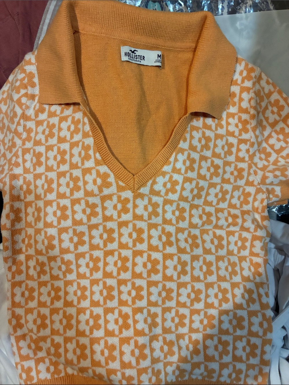 Hollister Orange and Cream Floral Checker Knit Polo